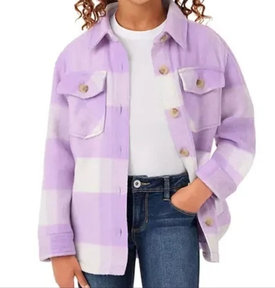 NWT Member's Mark Girl's Relaxed Fit Plaid Shacket Purple Plaid